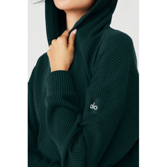 Alo Muse Hoodie Midnight Green Ribbed Hooded Pullover Sweatshirt Hood Sweater L - Picture 3 of 11